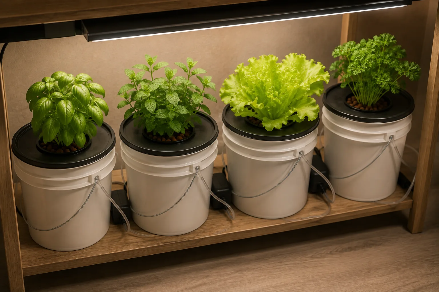 Basil, mint, lettuce, and parsley growing from one DWC bucket lid