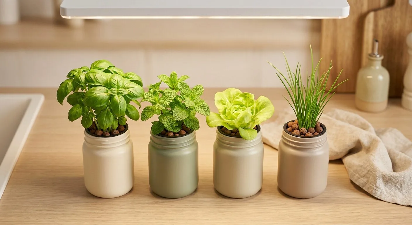 Basil, mint, lettuce, and chives growing in jars for a traveler-friendly setup