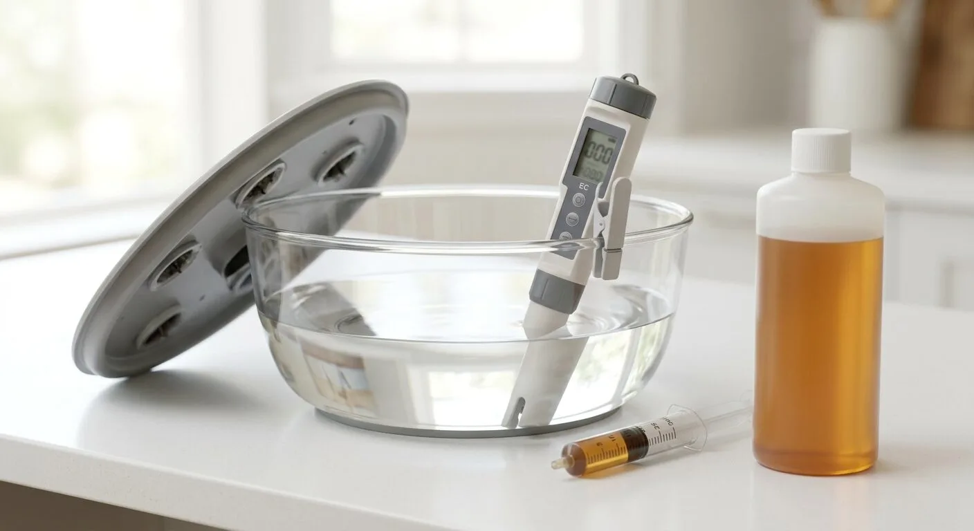 Pen EC meter reading nutrient solution in a countertop hydroponic garden bowl