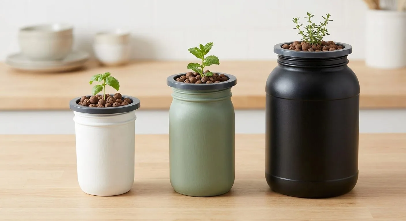 Pint, quart, and half-gallon jars compared for hydroponic travel buffer size