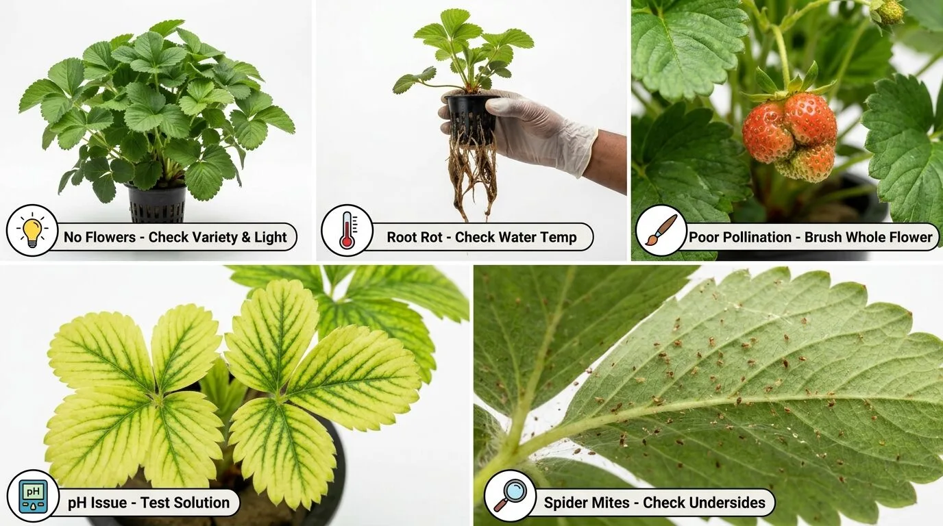 Grid showing five common DWC strawberry problems: no flowers, brown roots, lumpy berries, pale leaves, spider mites with labels