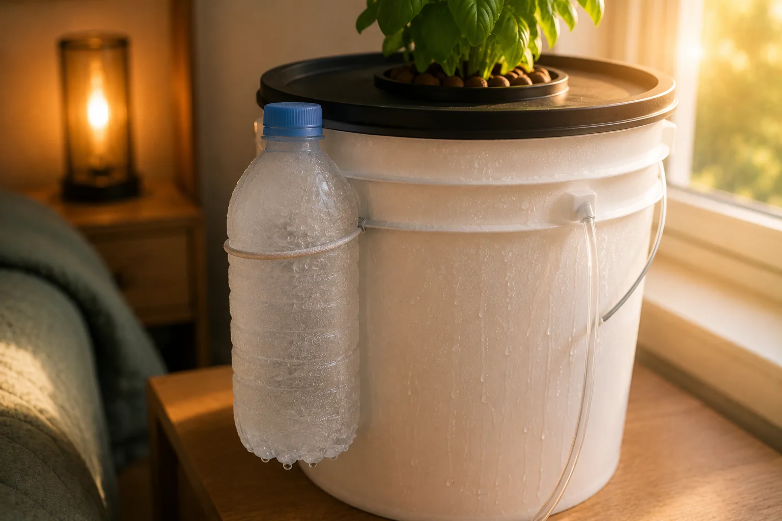 Frozen water bottle pressed against the outside of a DWC bucket to cool it