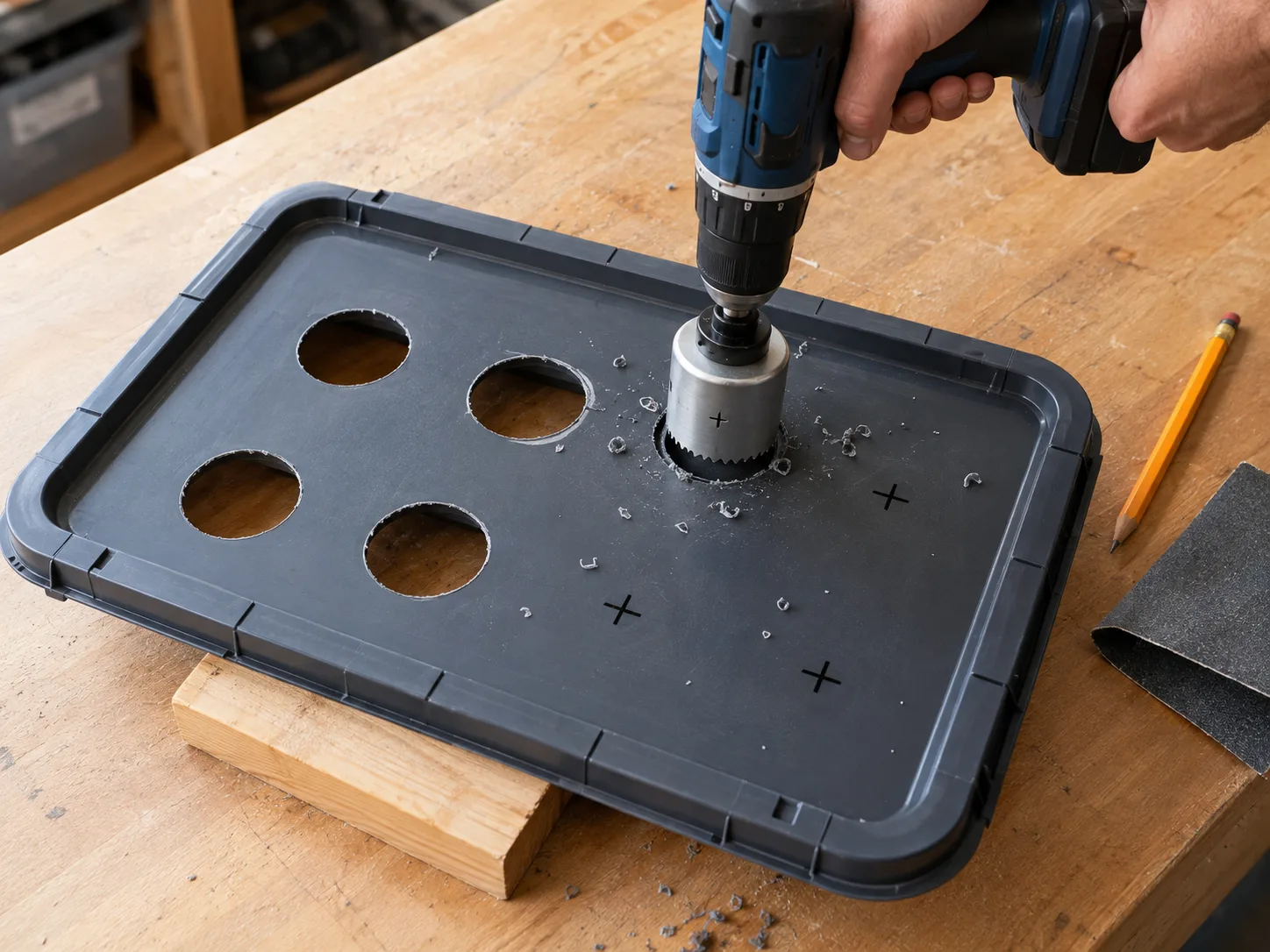 Drill with a 2-inch hole saw cutting net cup holes in a plastic tote lid resting on a scrap wood block