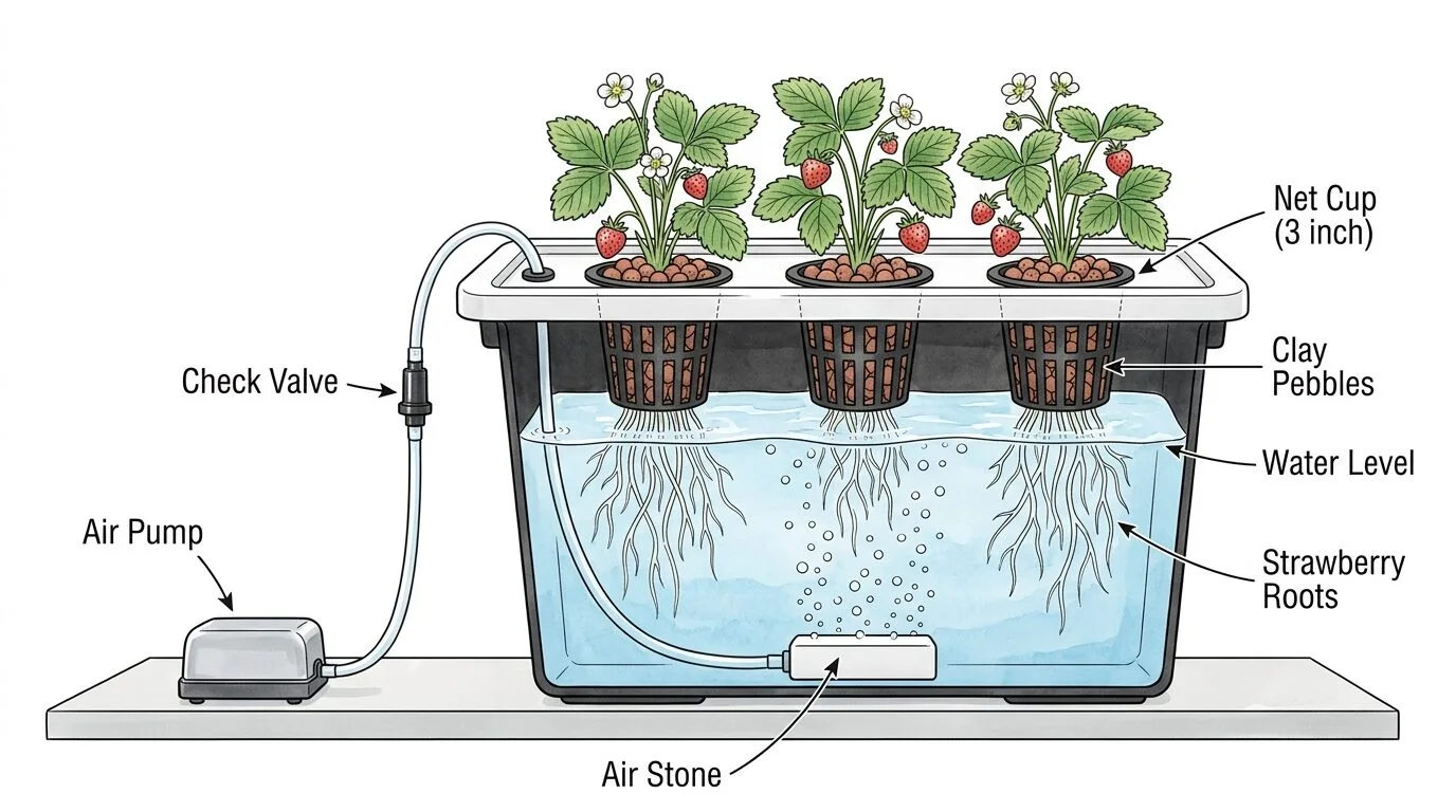 Labeled diagram of DWC bubbler tote showing air pump, tubing, check valve, air stone, net cups with strawberry plants, and water level