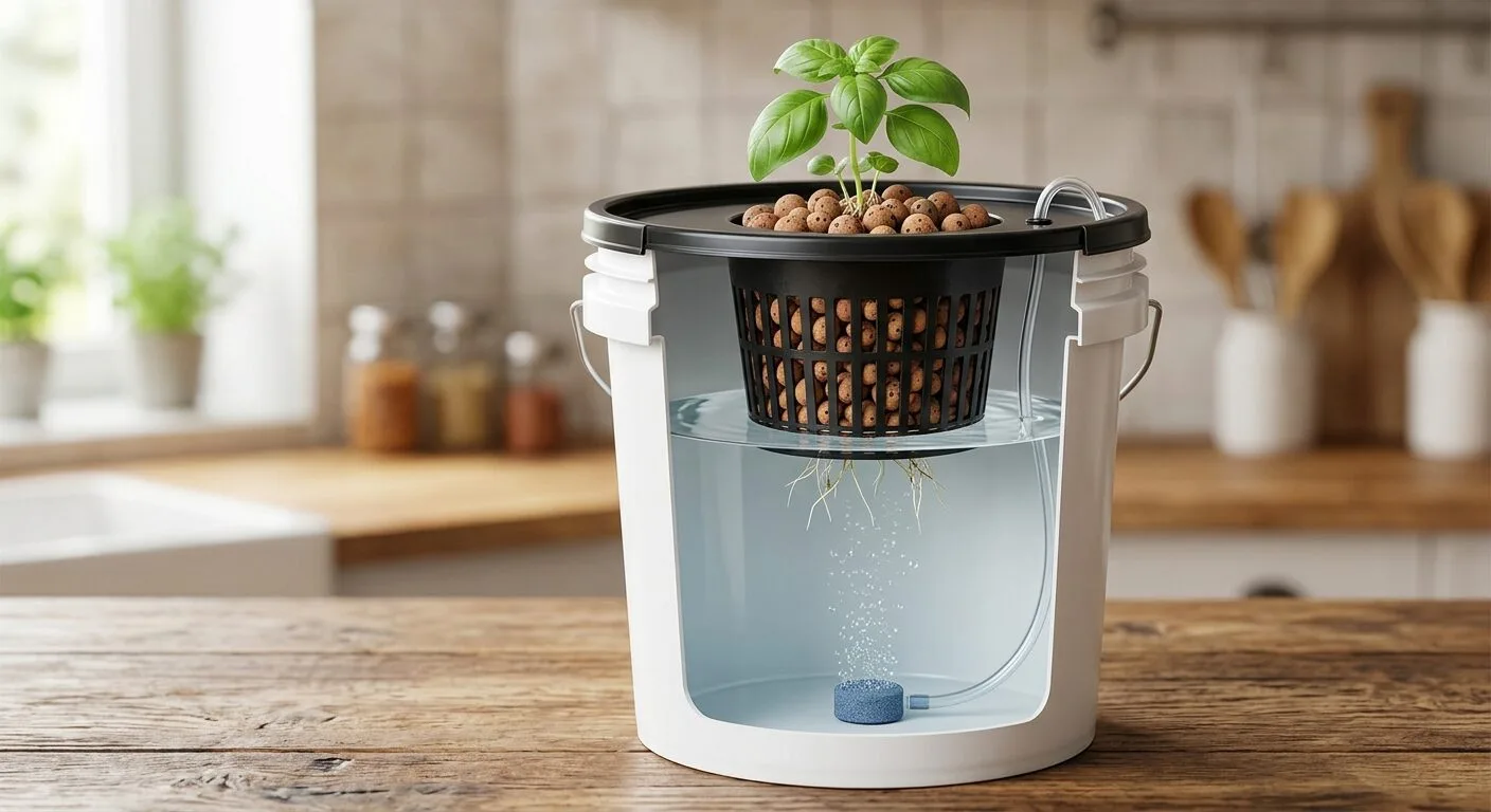 Cutaway view of a DWC bucket showing the net pot, airline, and air stone