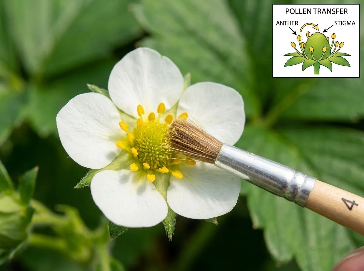 Close-up of soft paintbrush gently brushing pollen from yellow stamens to center dome of open strawberry flower