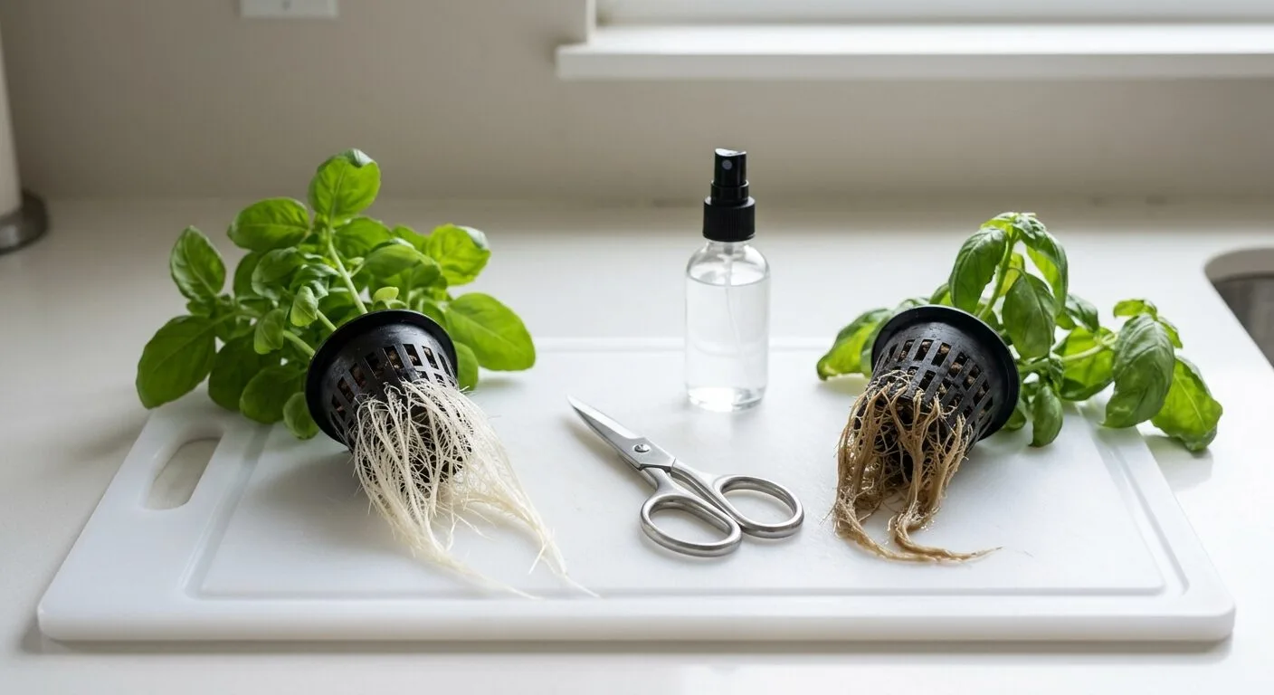 Healthy white roots beside brown slimy roots with root rot, both lifted from a Kratky tote