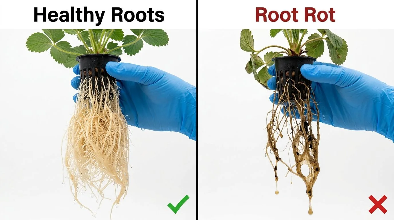 Side-by-side comparison of healthy white strawberry roots versus brown slimy root rot damaged roots from DWC system