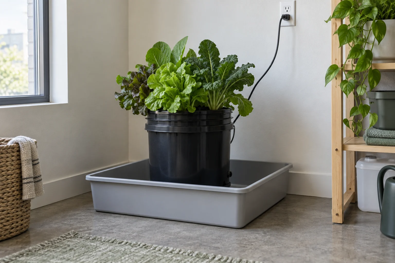 Hydroponic bucket centered inside a rigid floor pan with raised sides