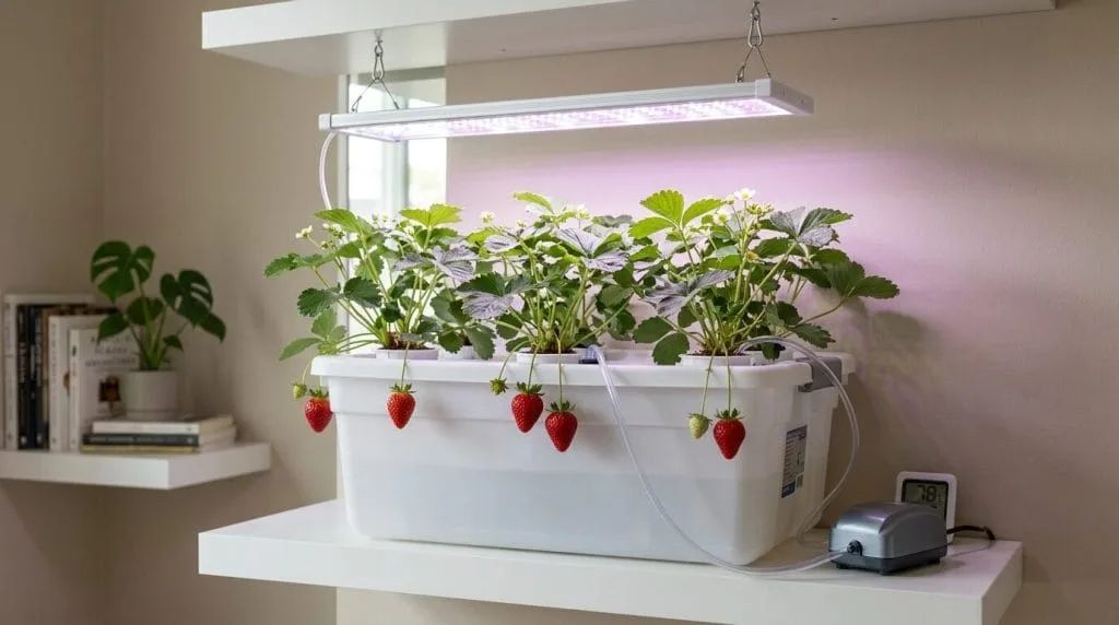 Day-neutral strawberry plants with red berries growing in a white bubbler tote under LED grow light on apartment shelf