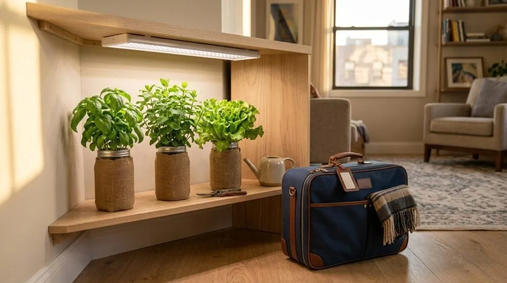 Hydroponic feeding schedule for travelers with jars prepped beside a packed suitcase