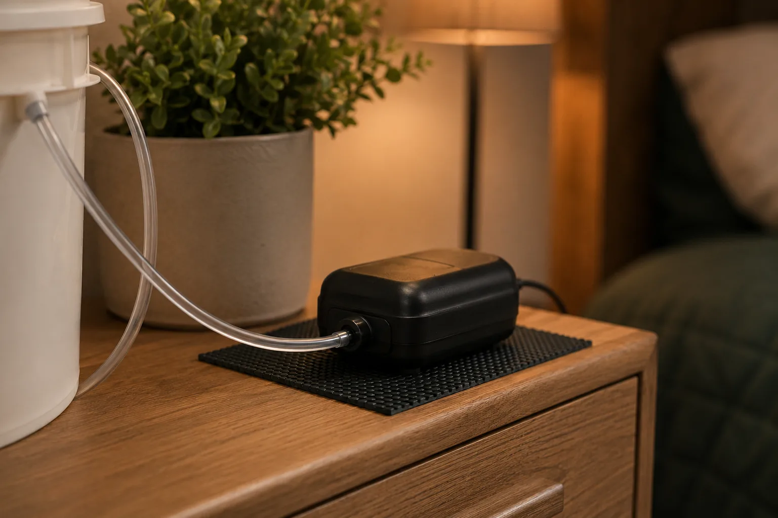 Quiet air pump sitting on a rubber mat beside a bedroom nightstand
