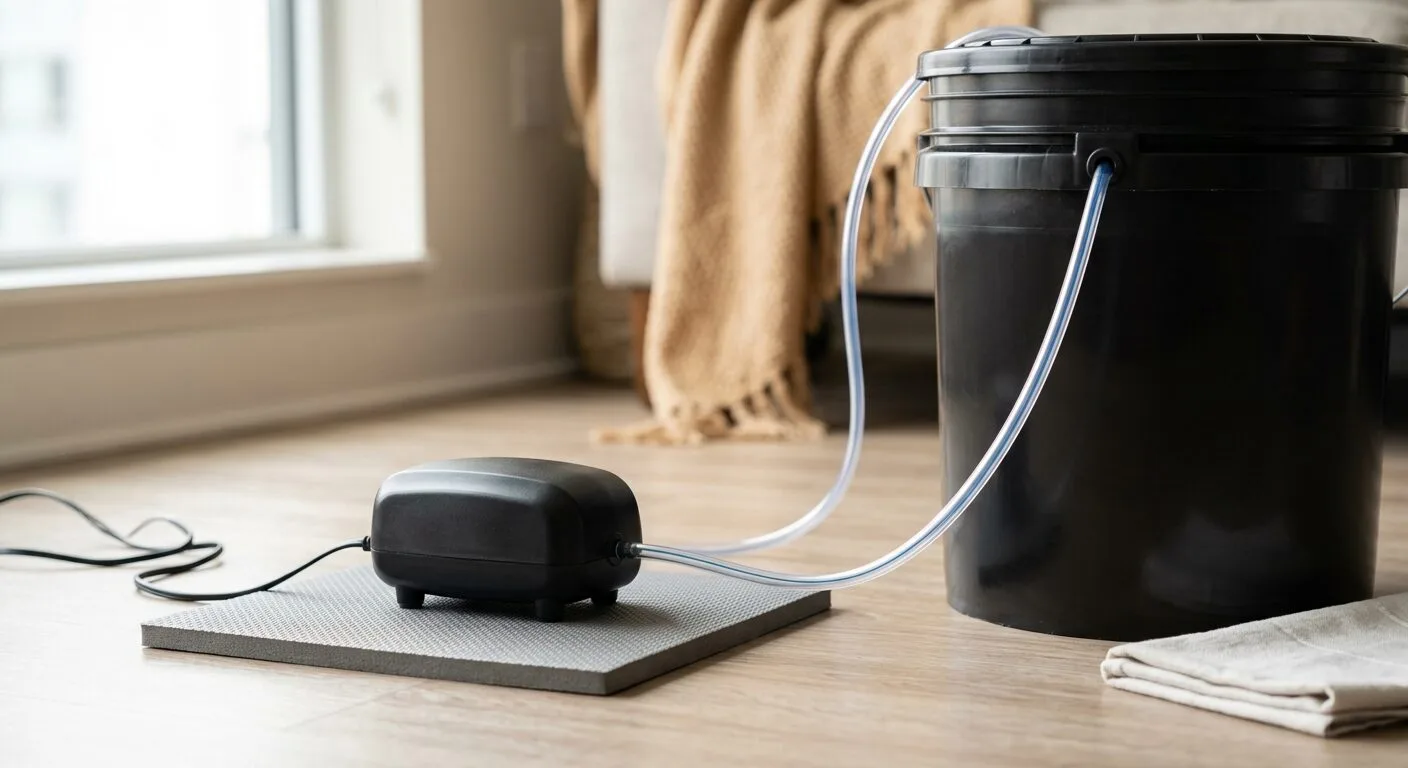Small air pump resting on a foam mat beside a DWC bucket for a quiet apartment