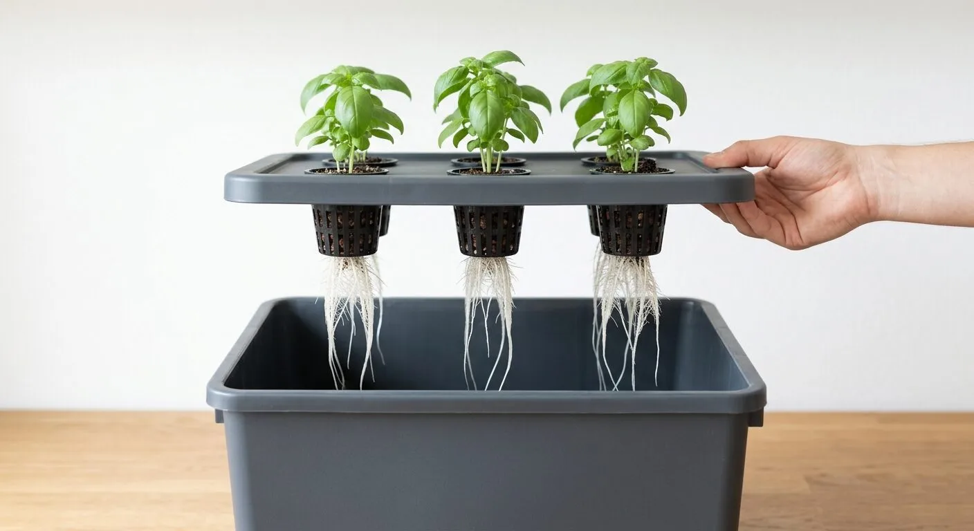 White roots hanging from net cups in a Kratky tote lid lifted off its reservoir for a water change