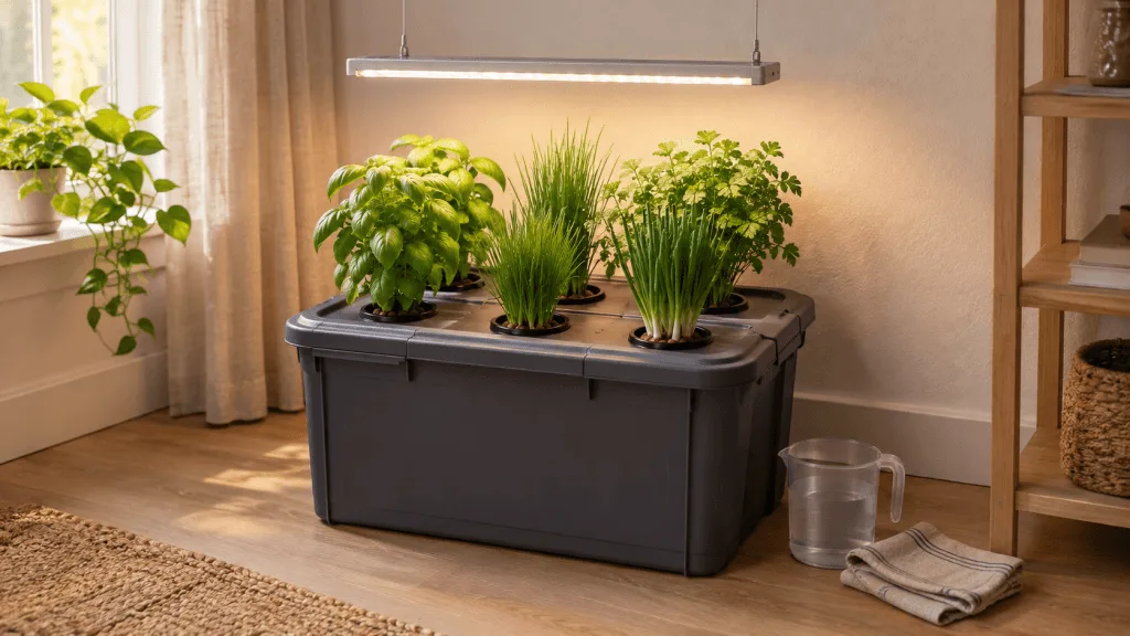 Kratky tote setup with six herbs growing in net cups in a dark storage bin under an LED grow light