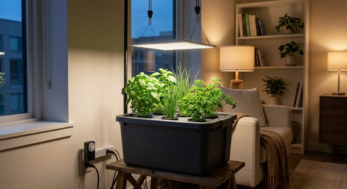 LED grow light panel hanging 6 to 8 inches above basil and chives in a Kratky tote in an apartment corner
