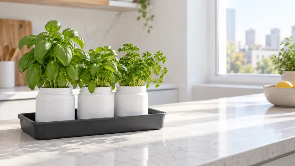 Three herb jars sitting inside a rigid raised-edge tray on an apartment kitchen counter