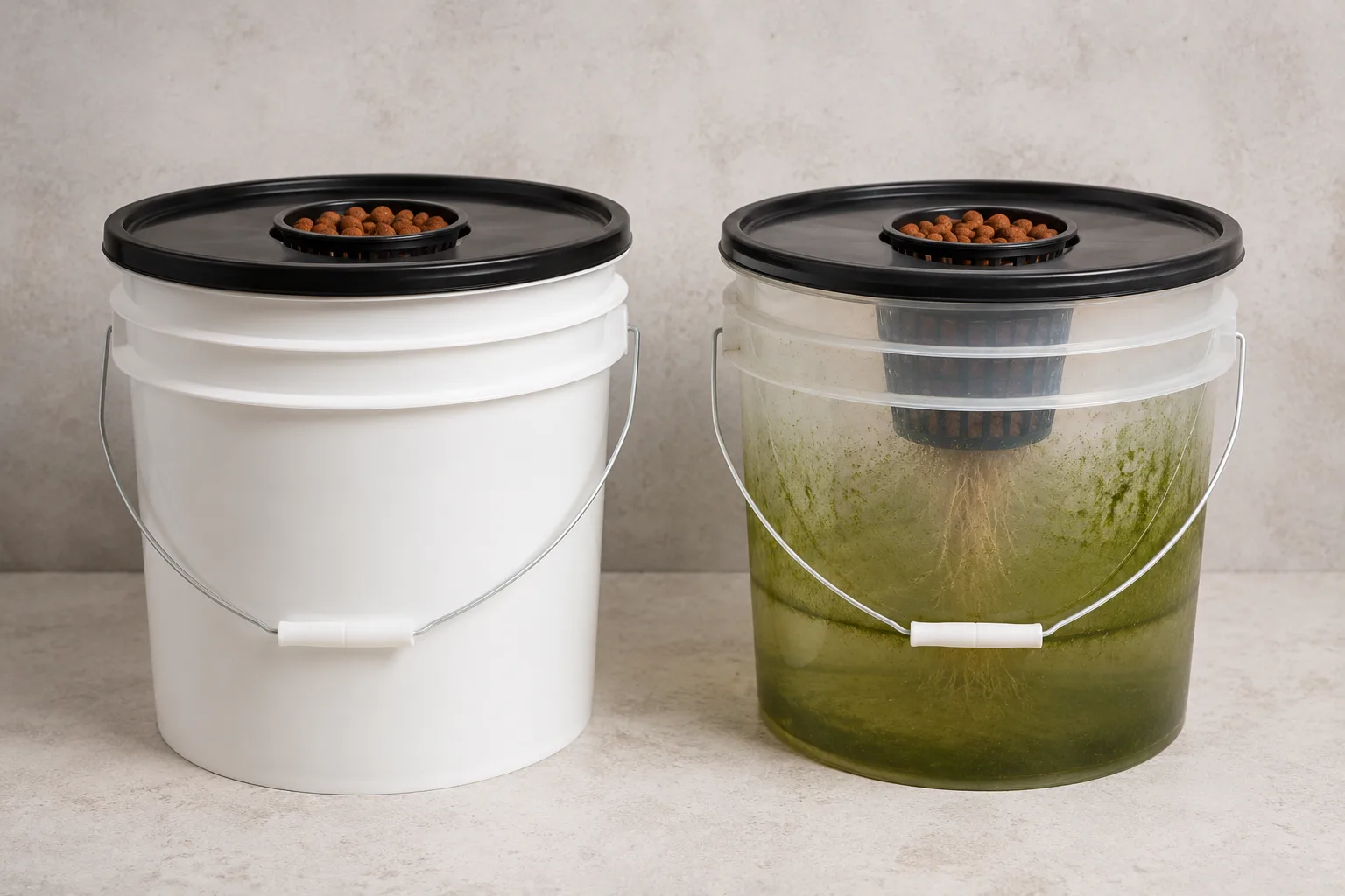 Opaque white DWC bucket next to a clear bucket showing algae growth