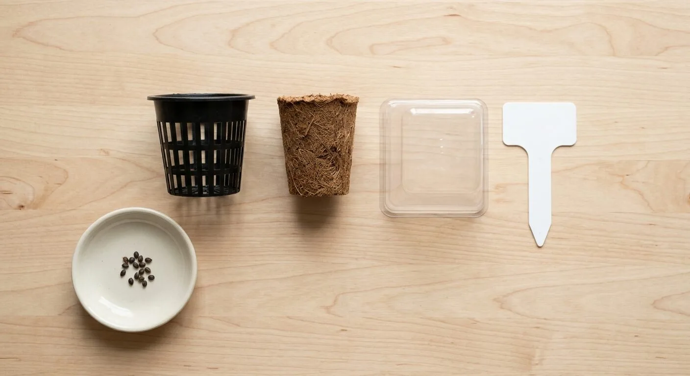Empty seed pod basket, grow sponge, clear dome and label laid out for refilling