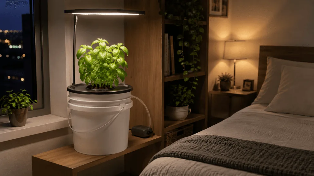 Quiet DWC bucket build with basil growing on an apartment bedroom shelf