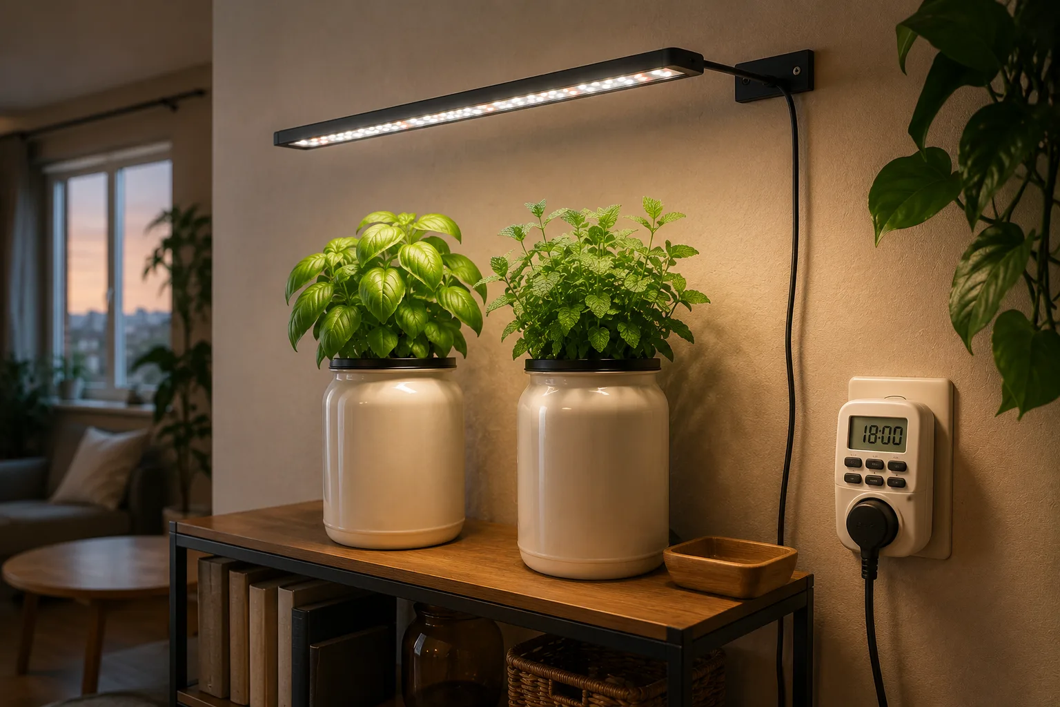 Grow light panel raised higher above a shelf of jars before a trip