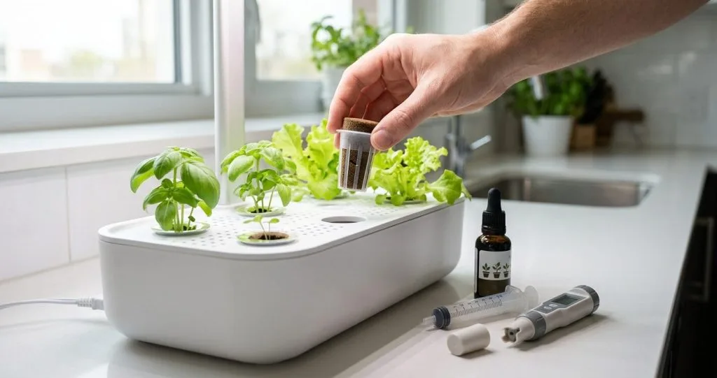 Refilling a countertop smart garden pod with a new grow sponge next to bottled hydroponic nutrients and an EC meter