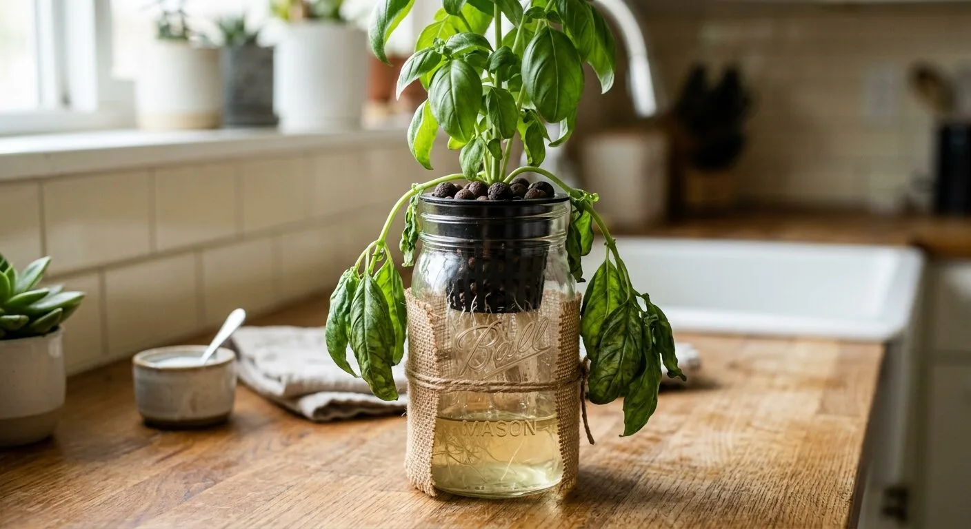 Wilted basil in a jar beginning to recover after a weekend away