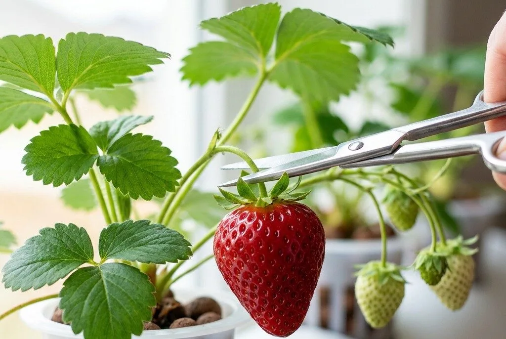 Close-up of fully red strawberry on DWC plant with stem being cut by small scissors, berry red to shoulders