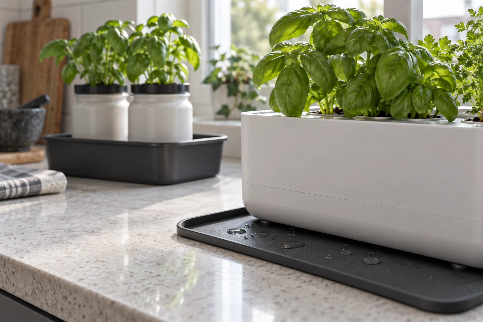 Countertop hydroponic garden on a shallow drip mat with jars in a rigid tray behind it