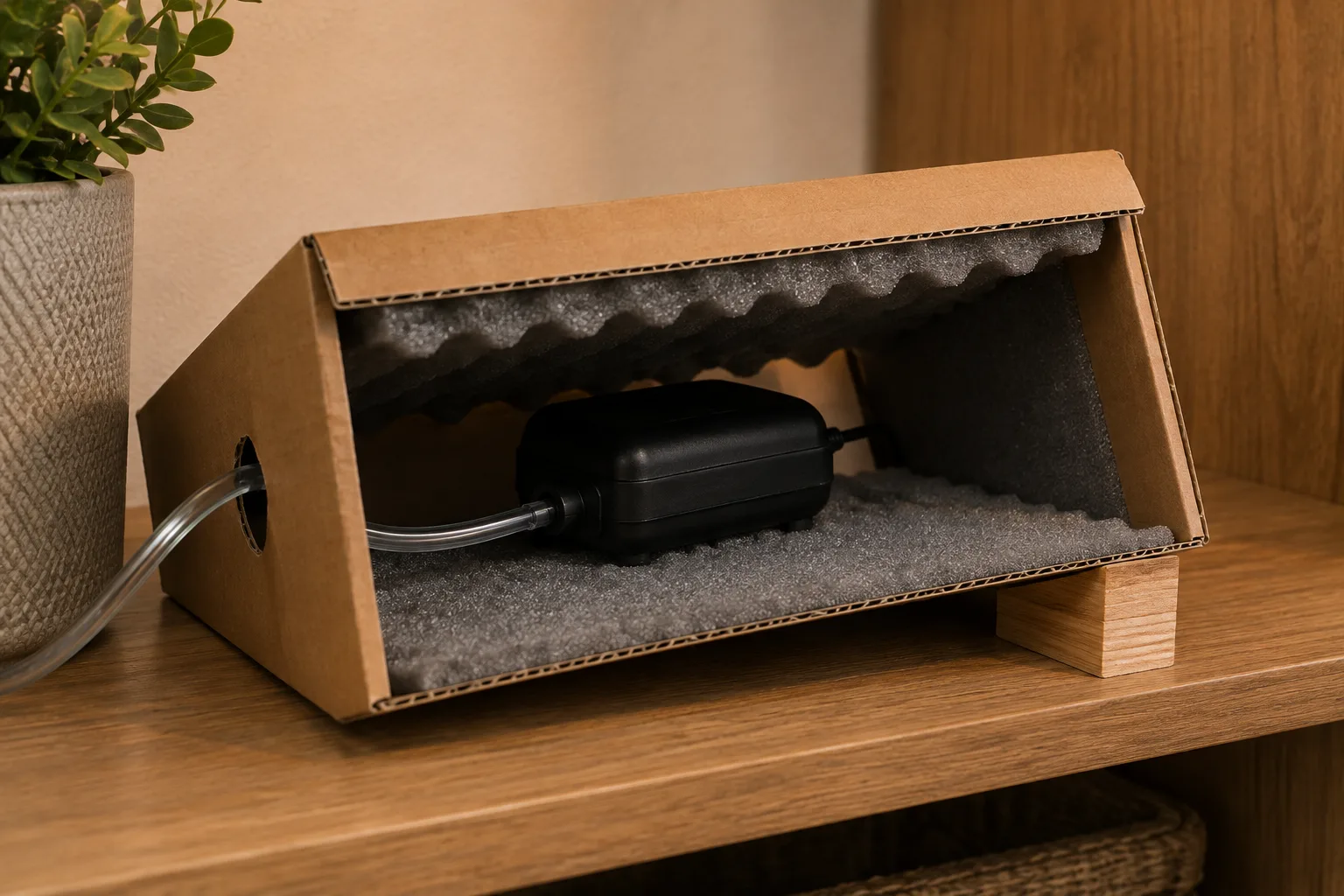 Foam-lined cardboard box placed over a hydroponic air pump to muffle noise