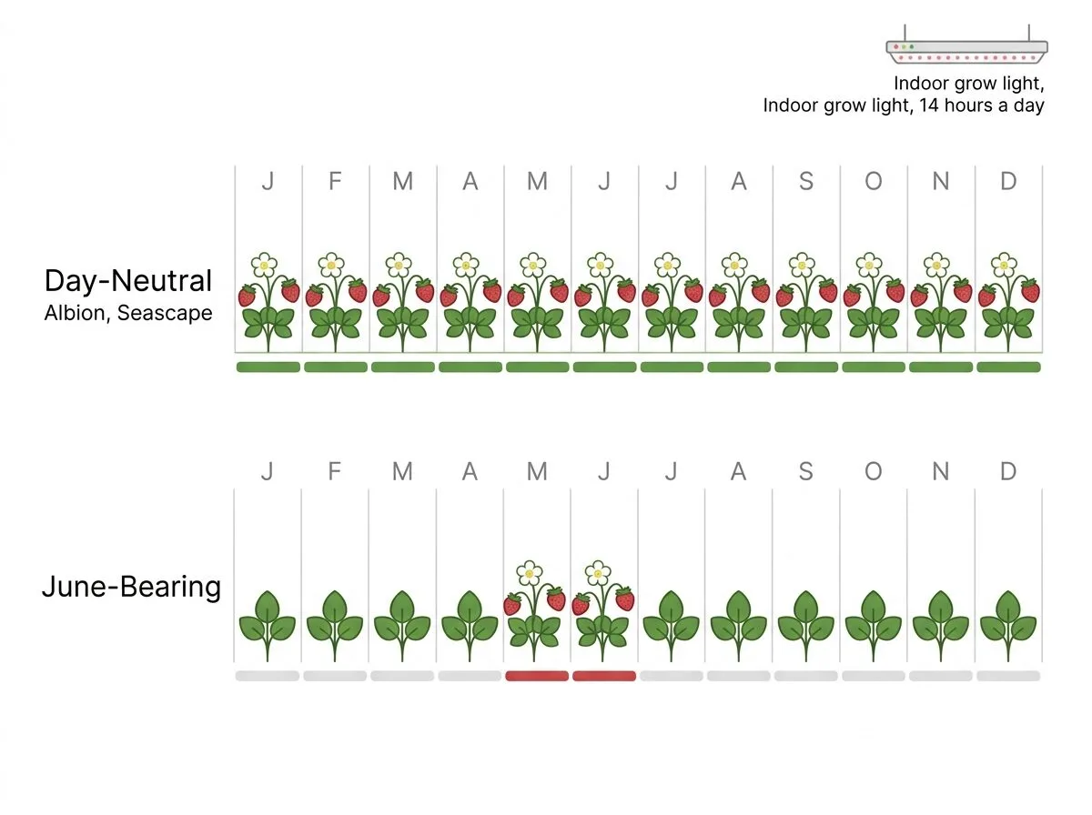 Timeline infographic comparing strawberry types under an indoor grow light: day-neutral plants flower and fruit every month, while June-bearing plants fruit only in May and June.