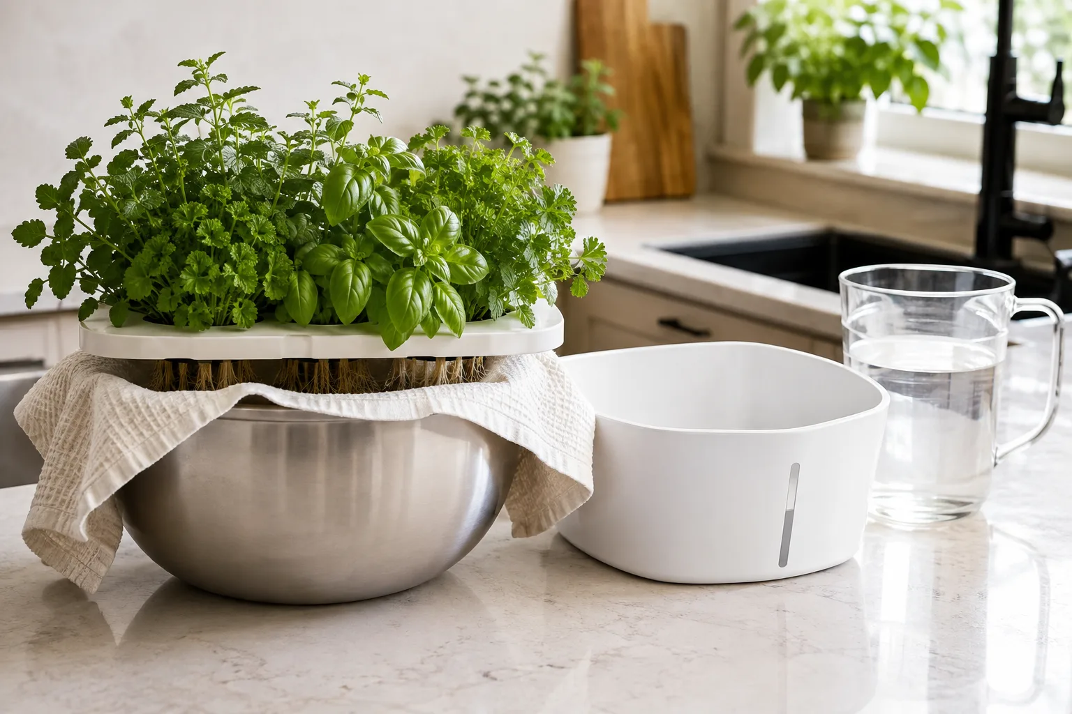 Smart garden deck resting over a bowl with a damp towel on the roots during a water change