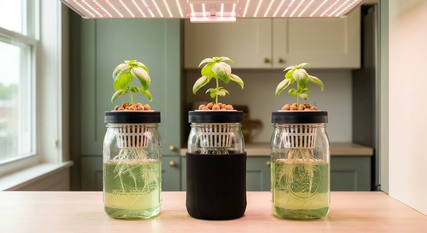 Apartment hydroponic Kratky jar setup under grow light Three Kratky mason jar herb setups growing under an LED grow light