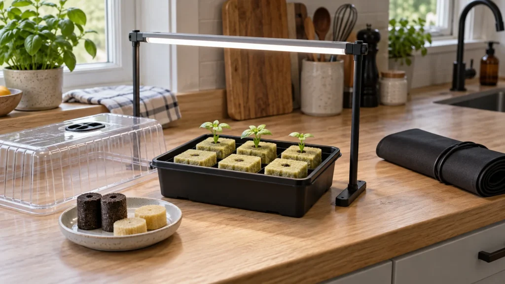 Seedling tray beneath a compact grow light, with a clear dome and starter plugs on a kitchen counter.