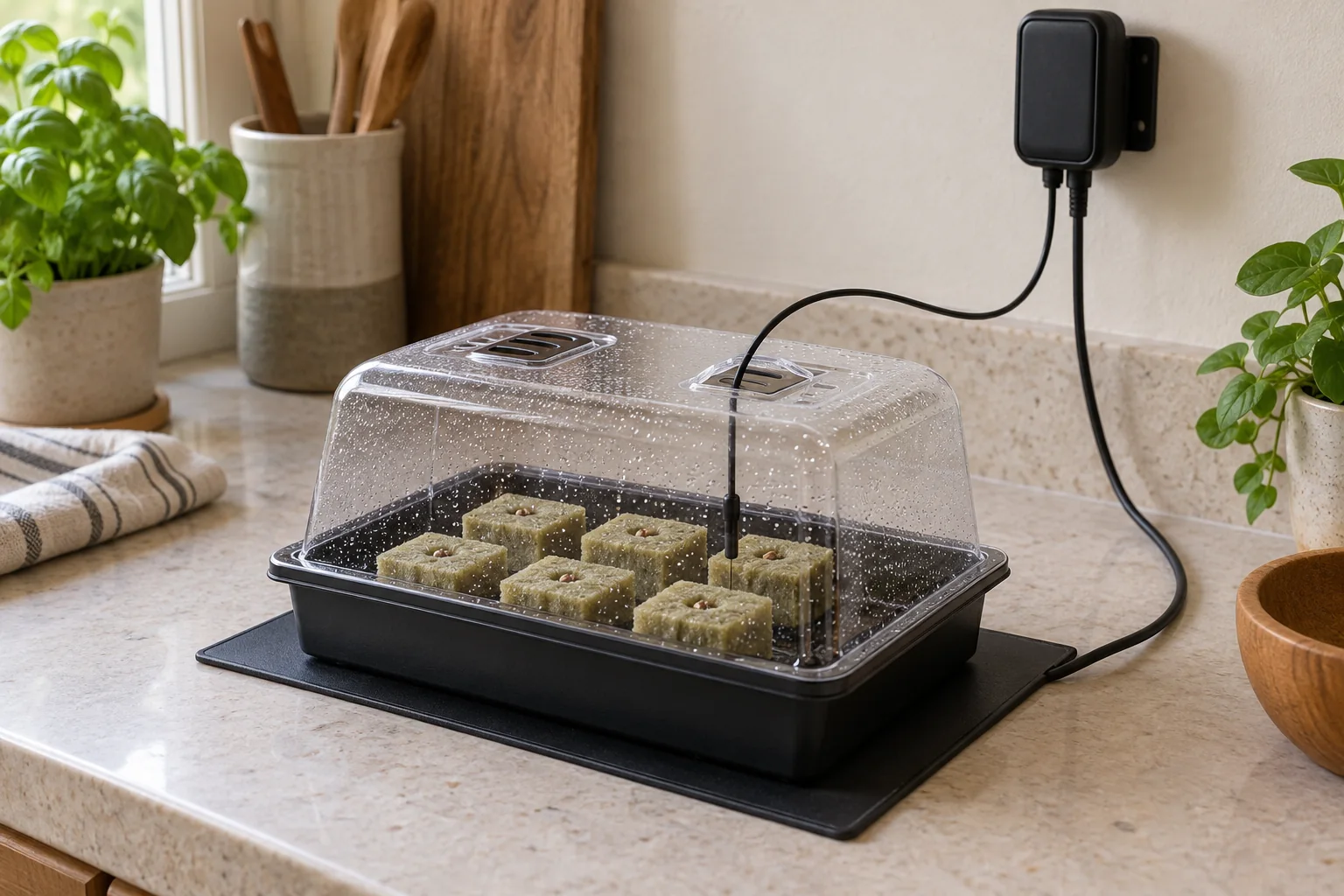 Seedling Heat Mat with a Thermostat Probe Covered seed tray on a flat heat mat, with a probe in a starter cube and the controller mounted above the counter.