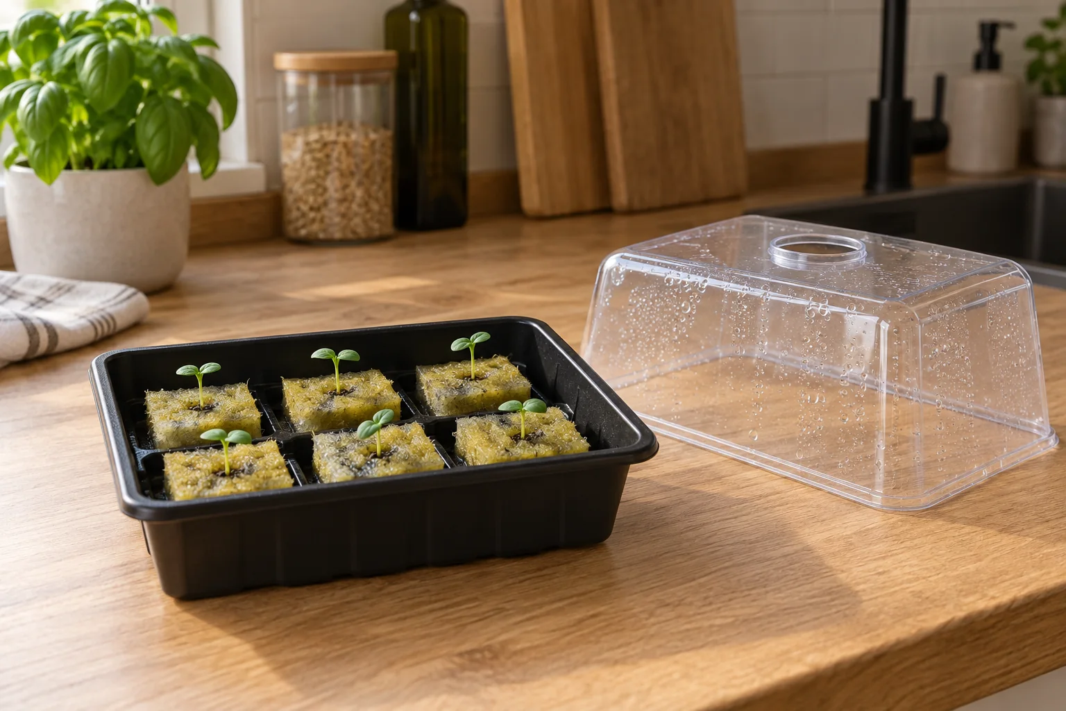 Removing the Humidity Dome After Germination Small basil seedlings in rockwool cubes with the clear humidity dome removed and set beside the tray.