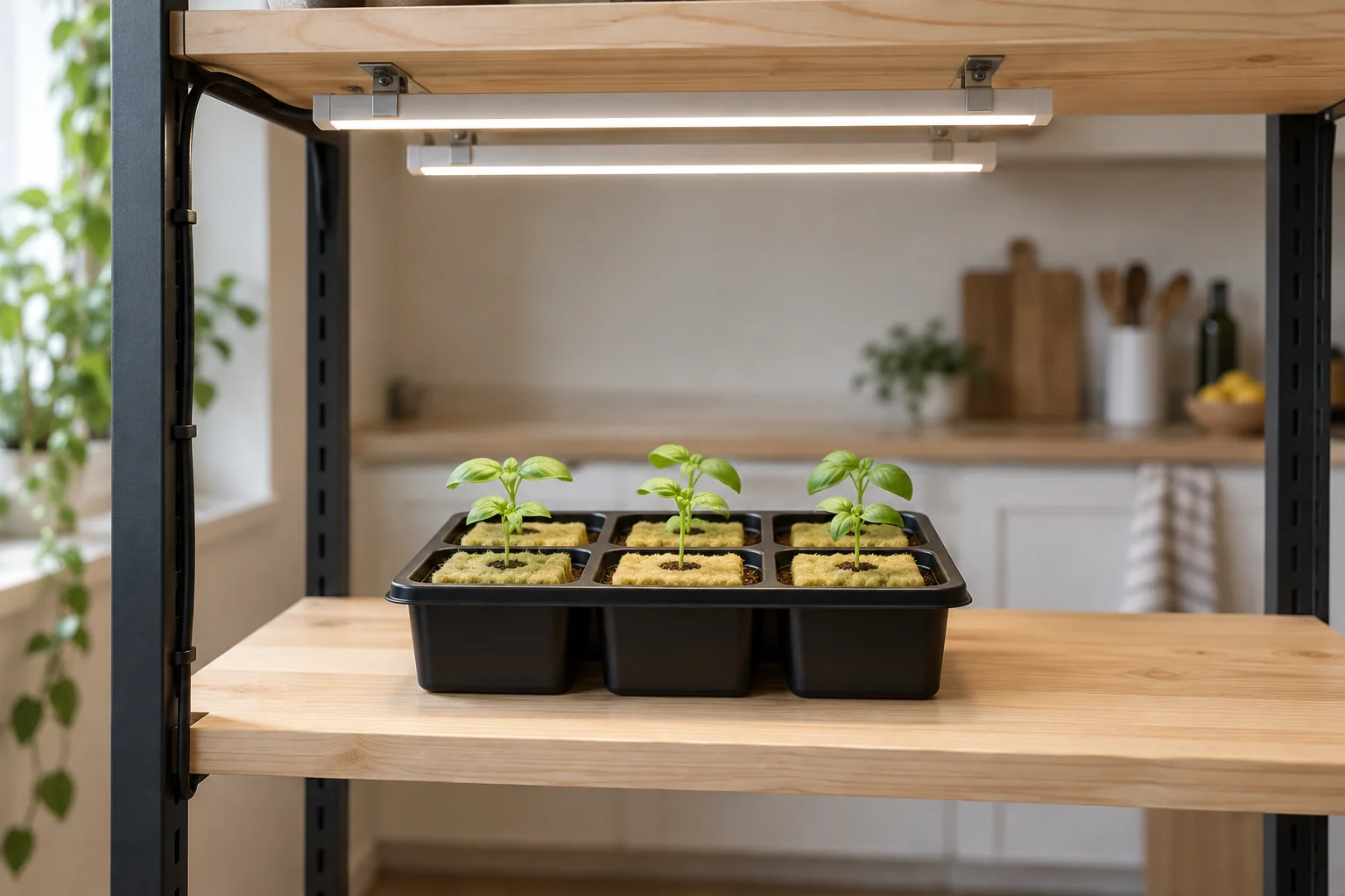 Compact Grow Lights Above Basil Seedlings Two white LED bars mounted under a wooden shelf above six compact basil seedlings in an uncovered tray.