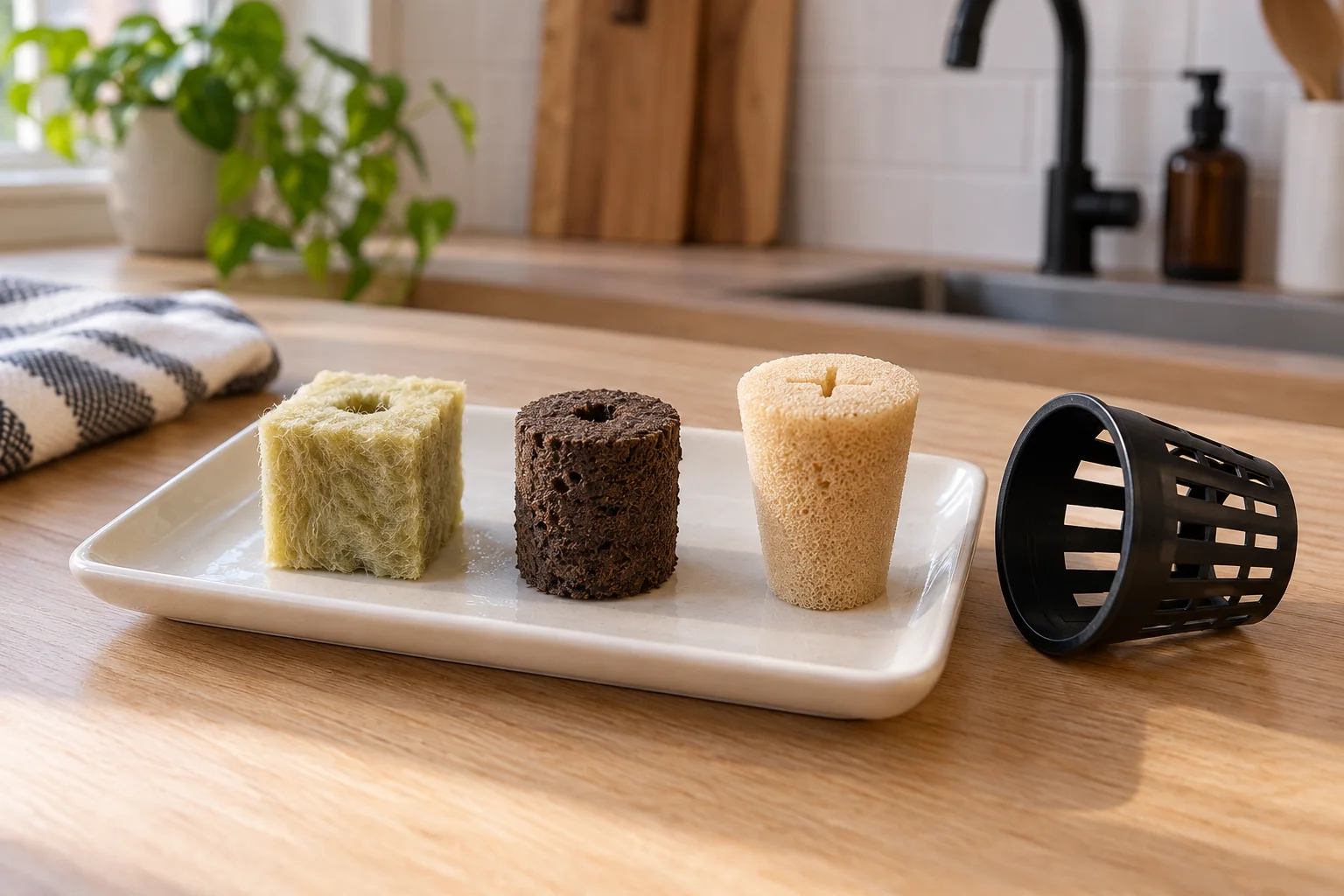 Rockwool, Organic Plugs and Grow Sponges Mineral-wool cube, brown organic starter plug and tan grow sponge beside an empty net cup.