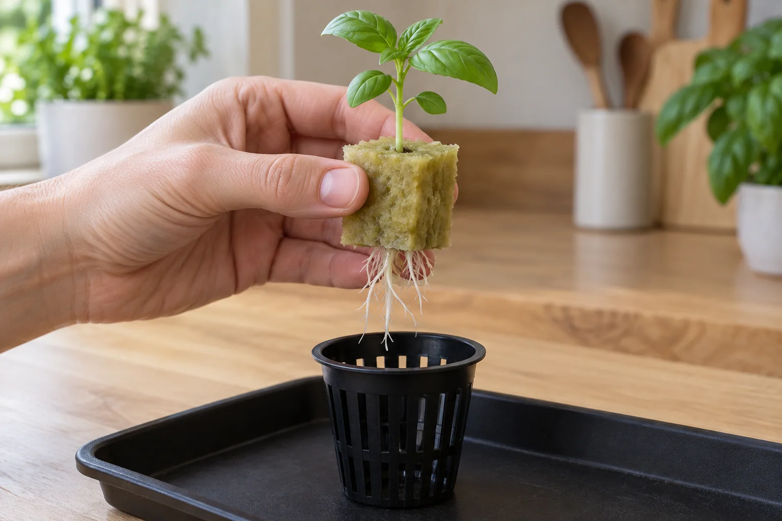 Roots Emerging from a Transplant-Ready Starter Plug Hand supporting a basil seedling by its rockwool cube, with white roots extending toward an empty black net cup.
