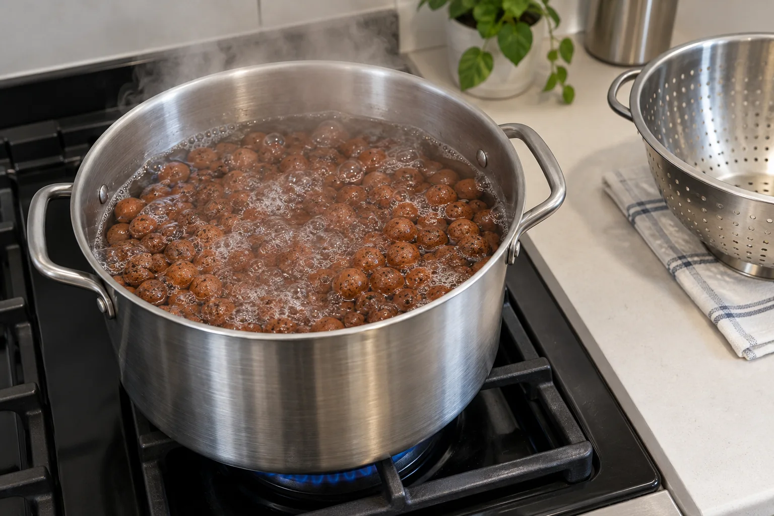 Hydroponic clay pebbles boiling in water in a stainless-steel pot with a metal colander nearby