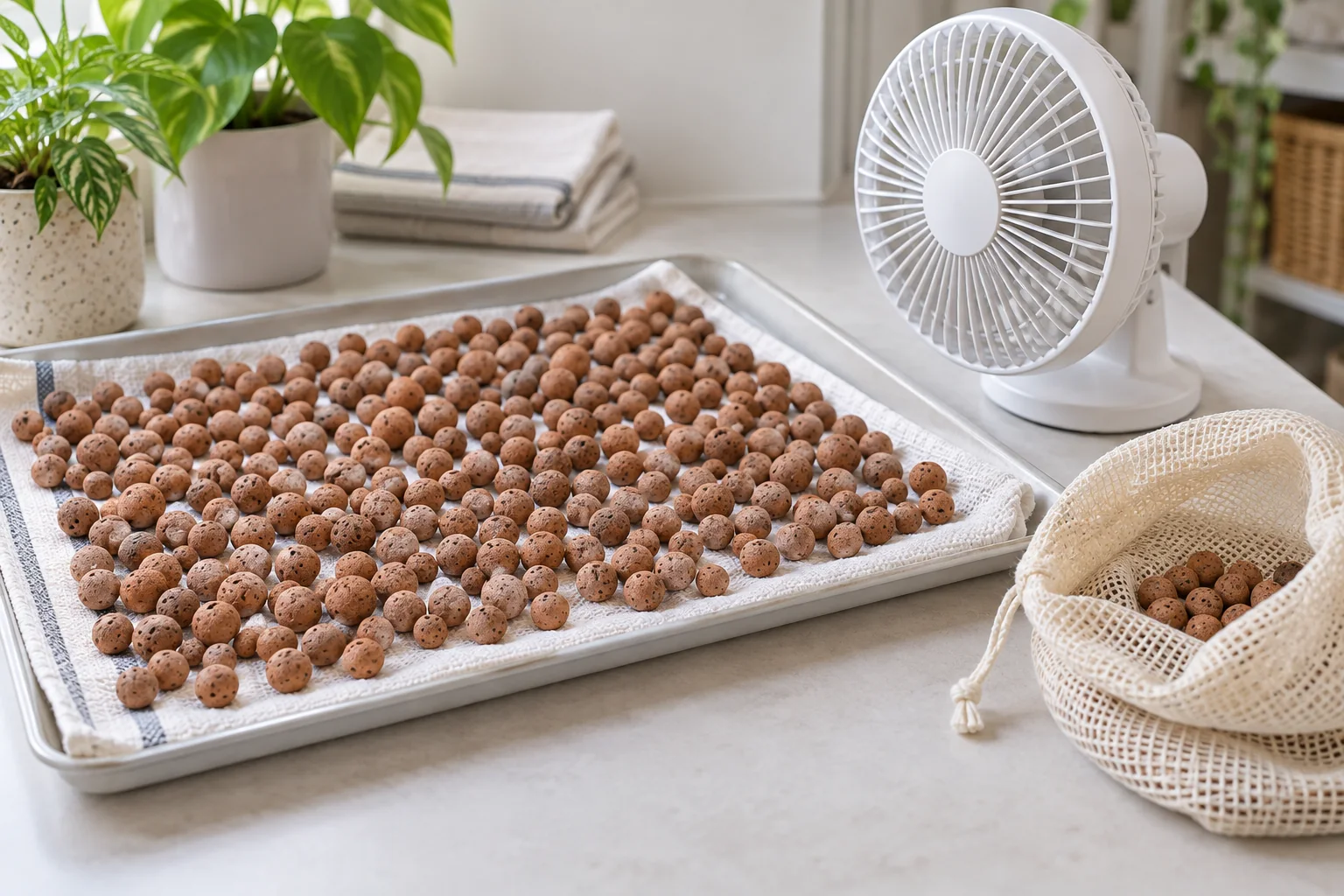 Clean clay pebbles drying in one layer on a towel with a small fan and an open breathable mesh storage bag