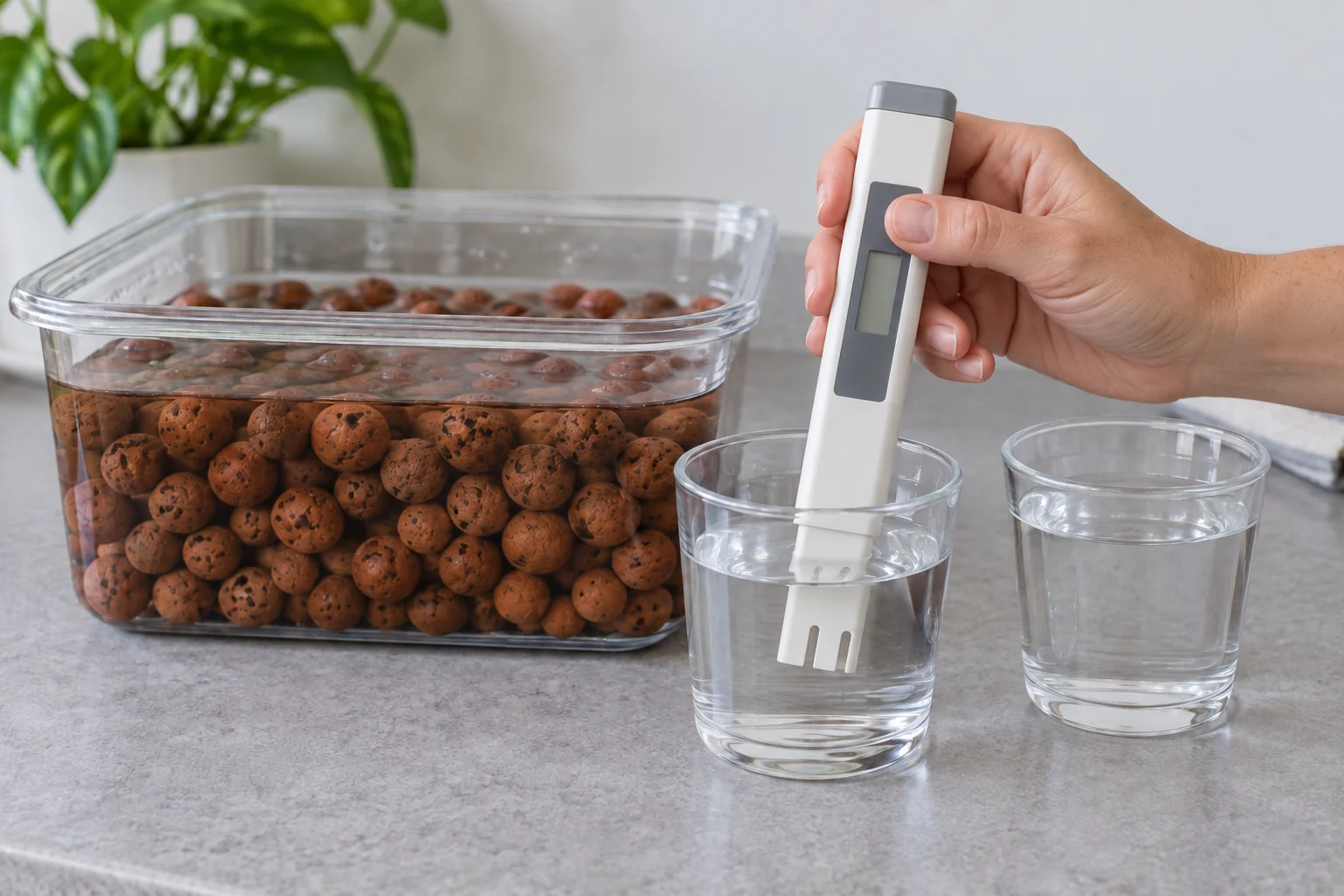 An EC meter testing a cup of soak water beside sanitized clay pebbles submerged in plain water
