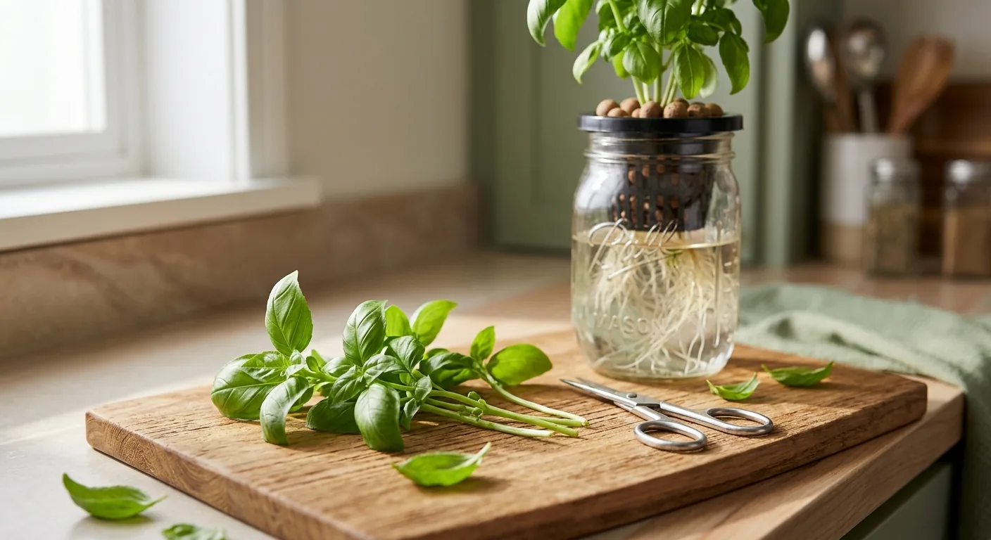 Harvesting basil from a hydroponic Kratky jar Freshly harvested basil beside a hydroponic Kratky jar on a cutting board