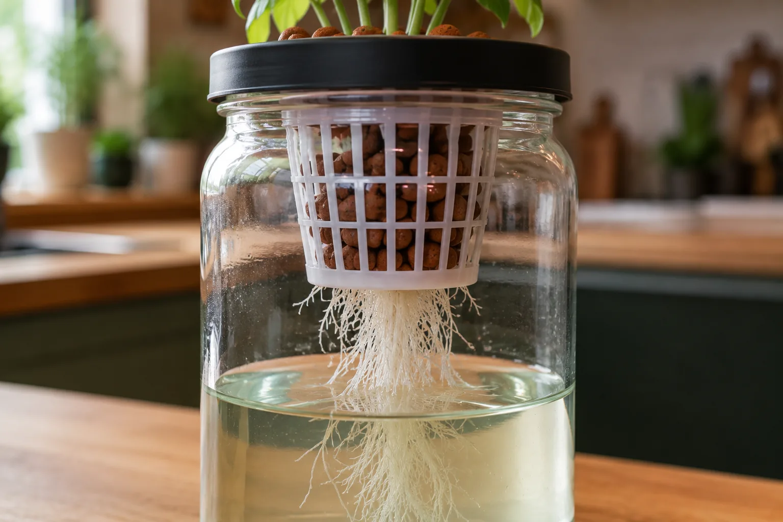 Kratky jar net cup and root air gap close-up Basil roots growing through a net cup into a Kratky mason jar