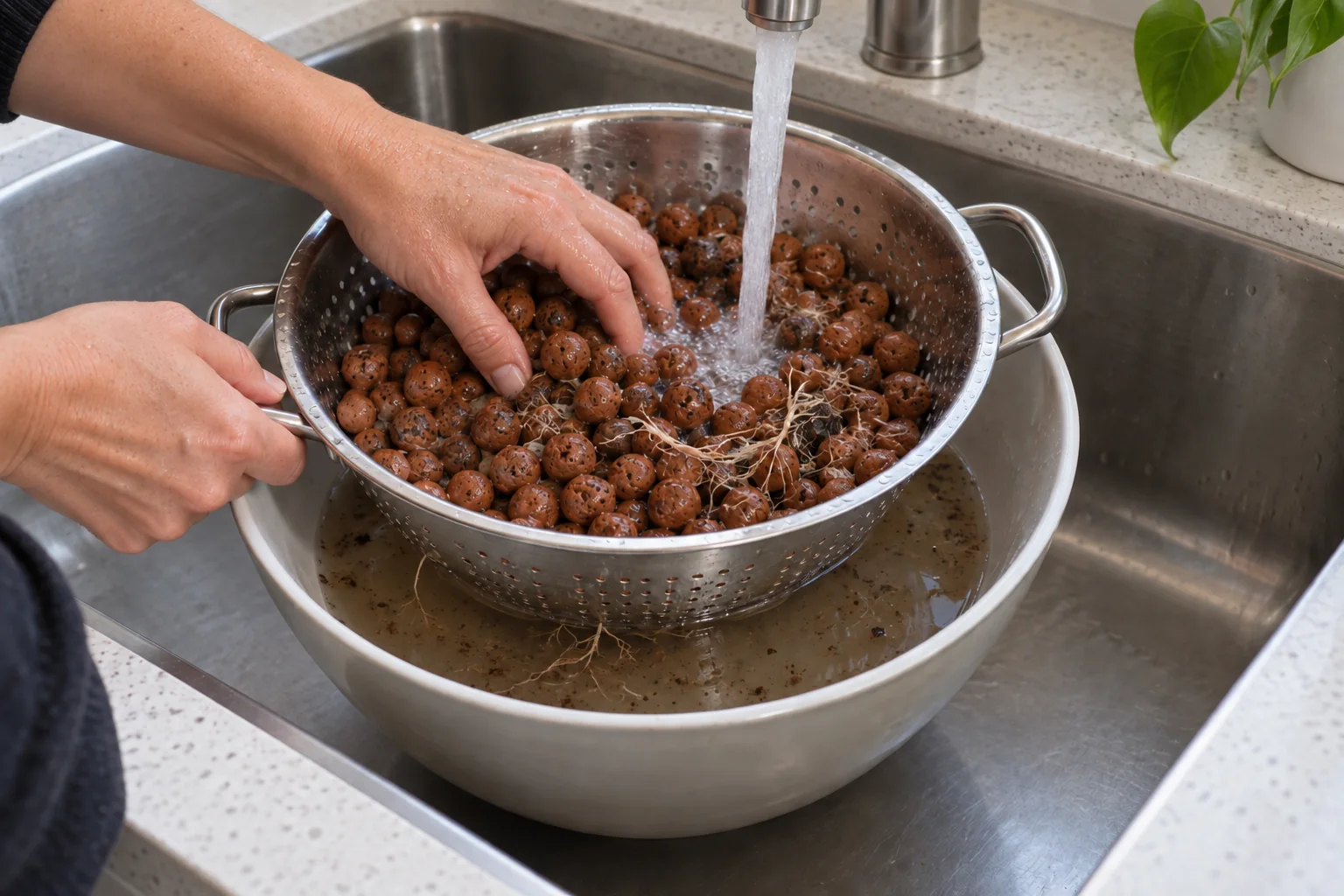 Hands rinsing used clay pebbles in a colander nested inside a bowl that catches roots, grit and cloudy water