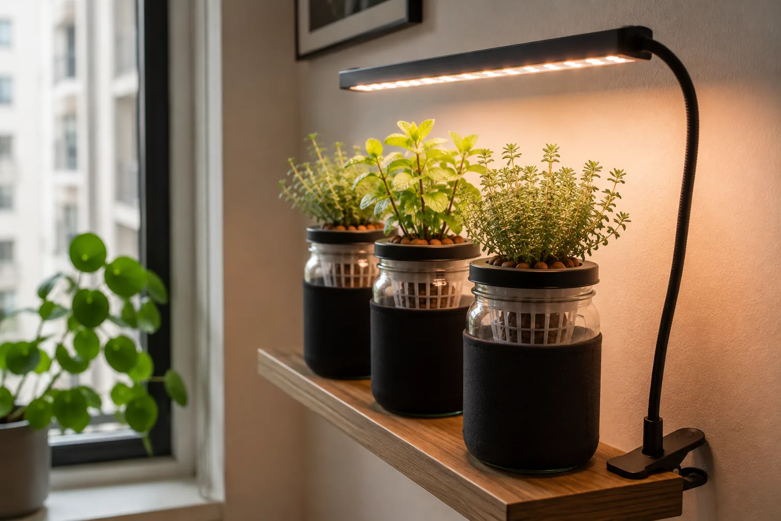 Small space hydroponic shelf setup for apartments Small space hydroponic herb jars on a windowsill shelf with grow light