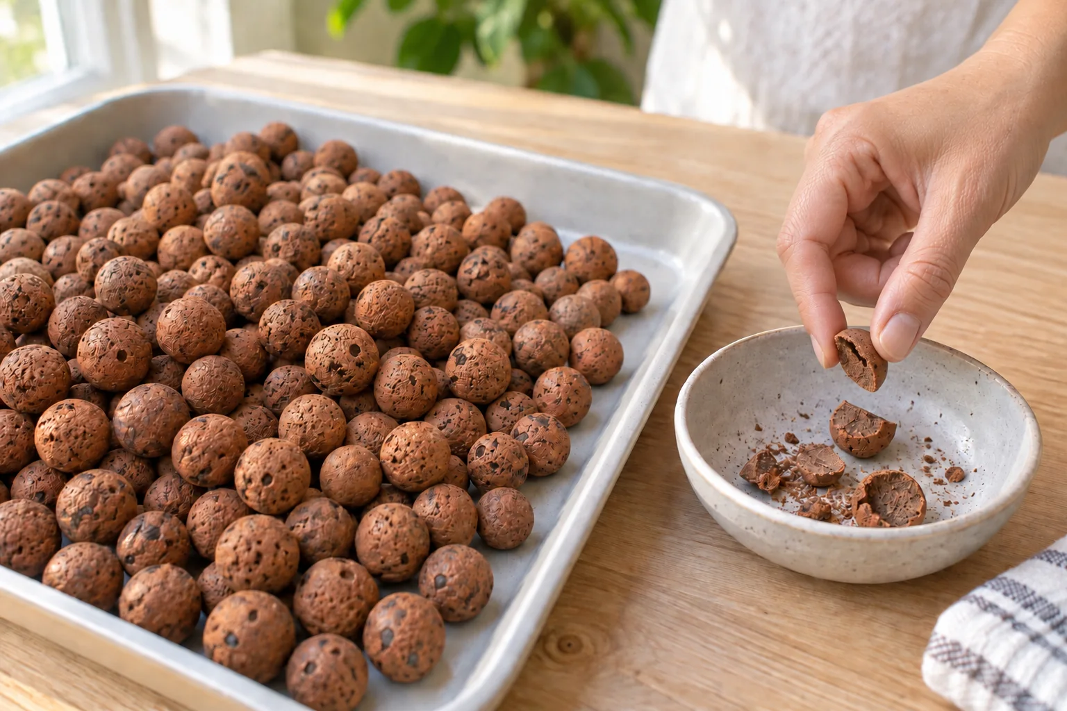 A hand separating a cracked clay pebble and clay crumbs from a tray of intact hydroponic clay pebbles