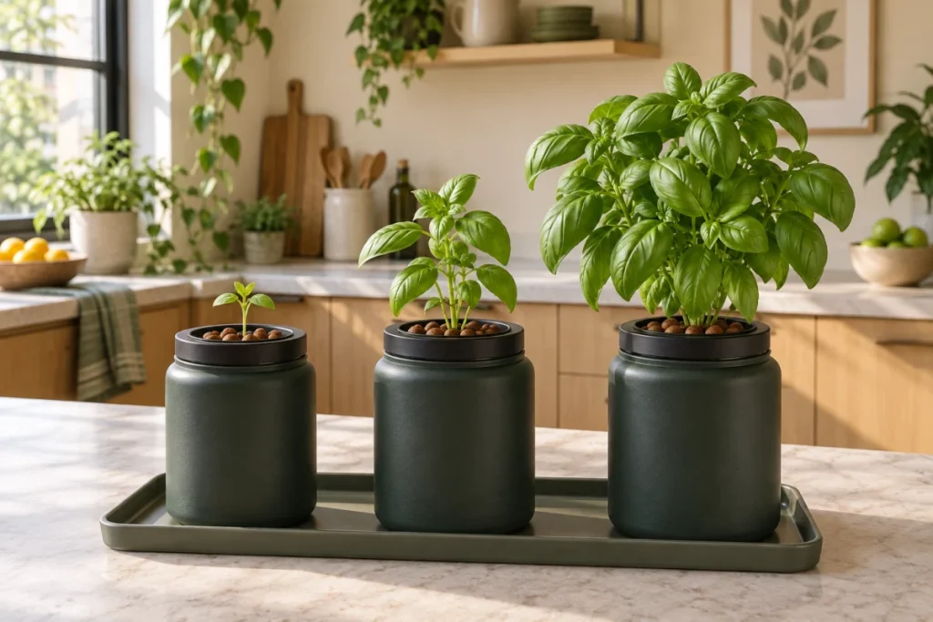 Three hydroponic basil jars with a small seedling, a young plant and a mature leafy plant on a kitchen counter.