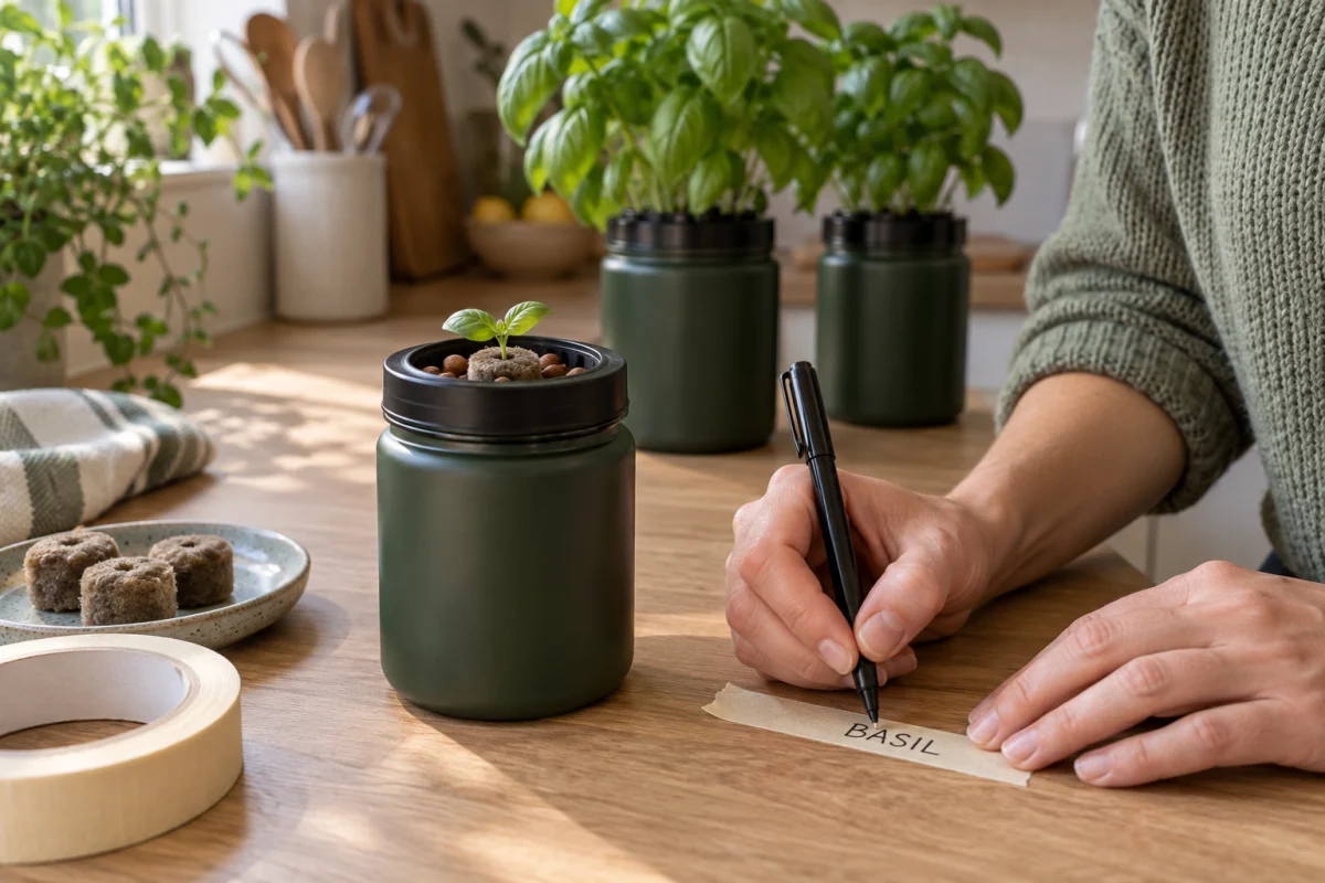 A woman's hands writing a basil sowing label beside a newly started hydroponic jar.