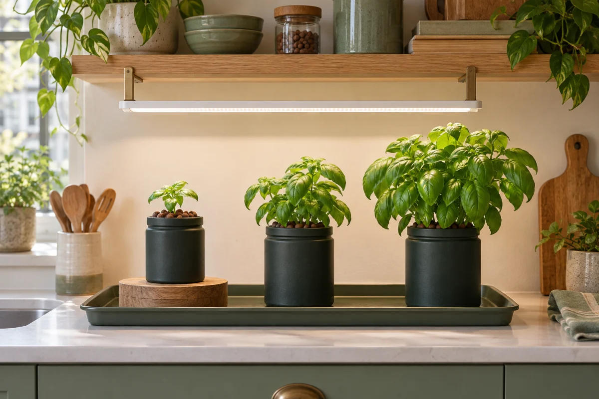Basil plants at three growth stages under one fixed grow light, with the youngest jar raised on a stable block.